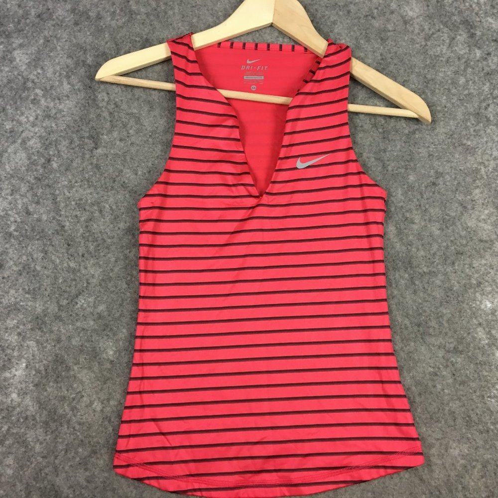 Nike Tank Top Womens XS Dri Fit Pink Stripe Racerback Split V Neck Active Swoosh